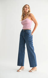 JBD Raw Hem Wide Leg Jeans in Dark Wash