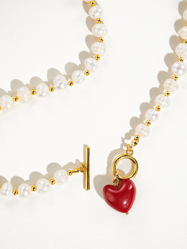 Pearl Necklace With Red Heart