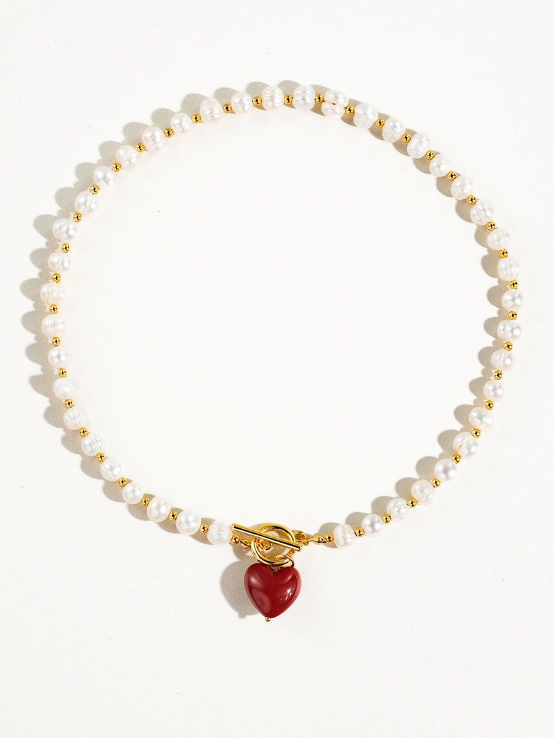 Pearl Necklace With Red Heart