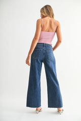 JBD Raw Hem Wide Leg Jeans in Dark Wash