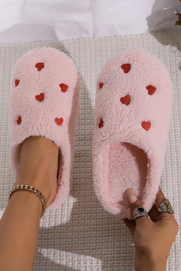 Pink Heart Embroidered Slippers